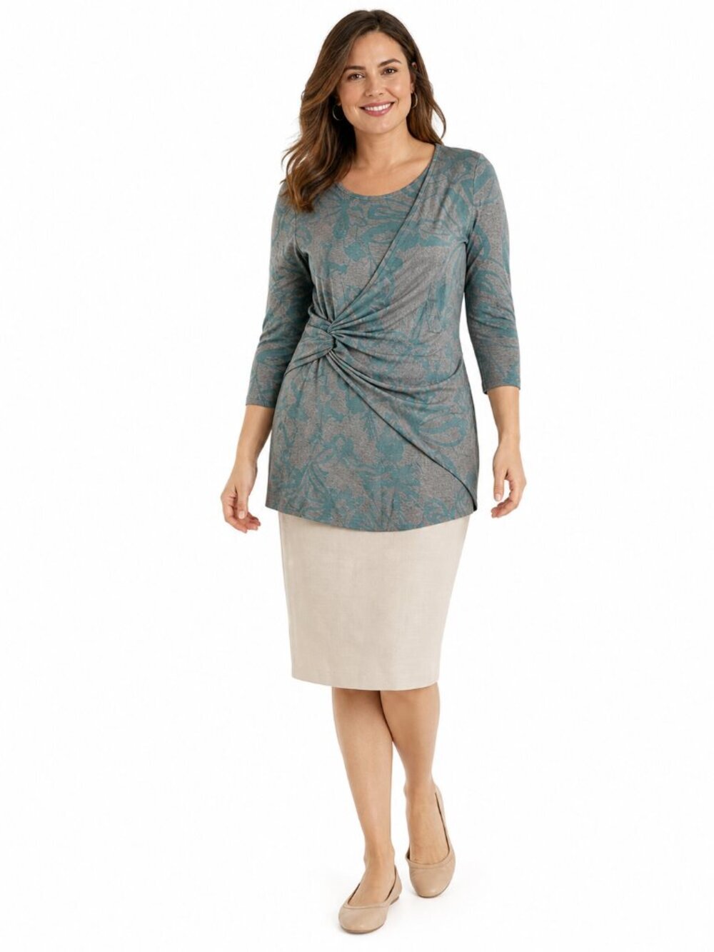 Soft Surroundings Twist Front Tunic Top Size L Gray Teal Lagenlook